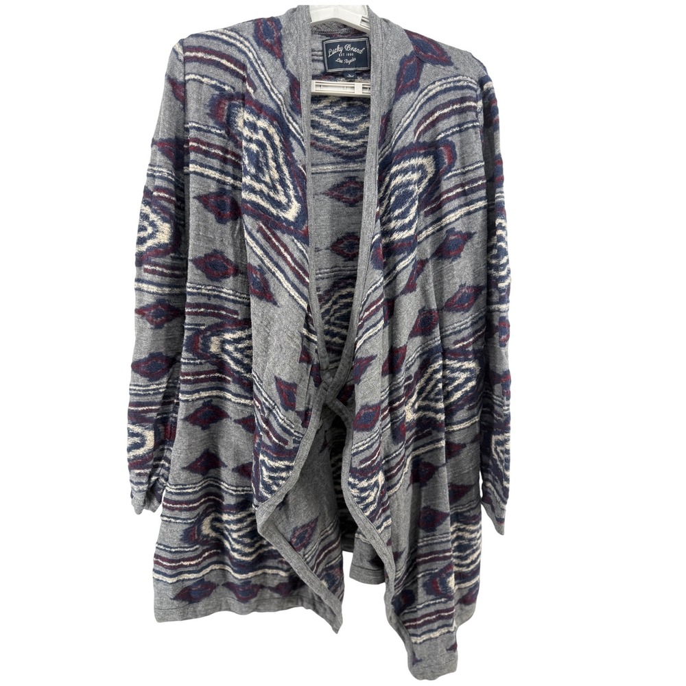 Lucky Brand Wool Blend Womens Gray Aztec Print Waterfall Cardigan Size‎ L
